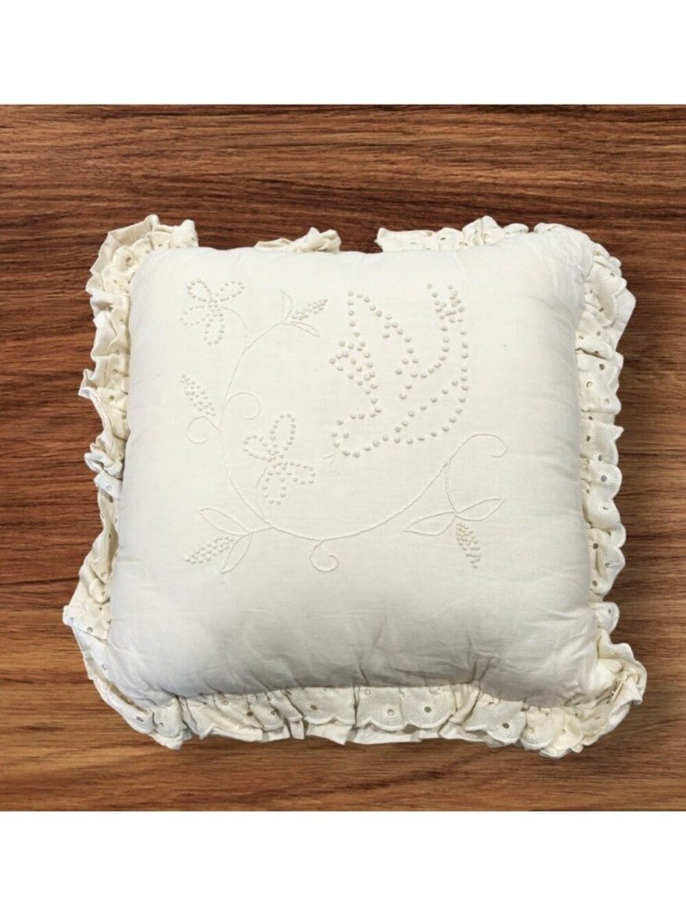 Shabby Chic Throw Pillow Vintage Bird Textured Lace Edge Cream Off White Decor